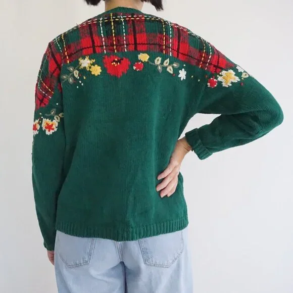 Vintage Pendleton Green Plaid Floral Knit Cotton Preppy Cardigan Grandmacore M - Picture 2 of 10